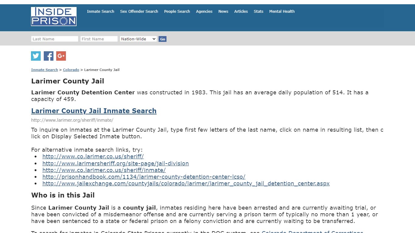 Larimer County Jail - Colorado - Inmate Search